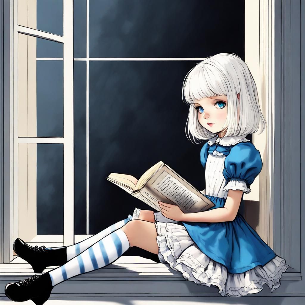 Adorable little Alice has white hair and blue shiny eyes, sh...