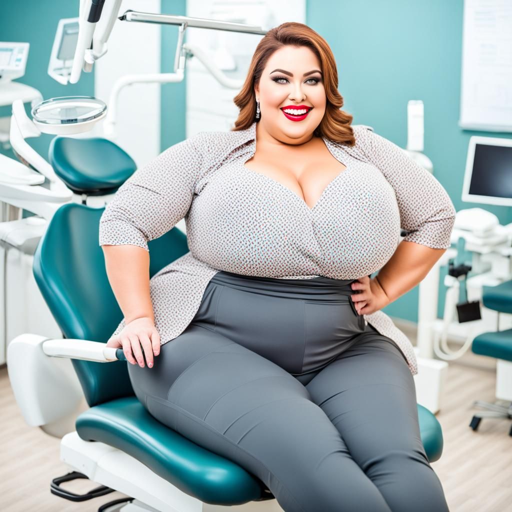 Curvy Woman in Dentist Chair with Elaborate Makeup