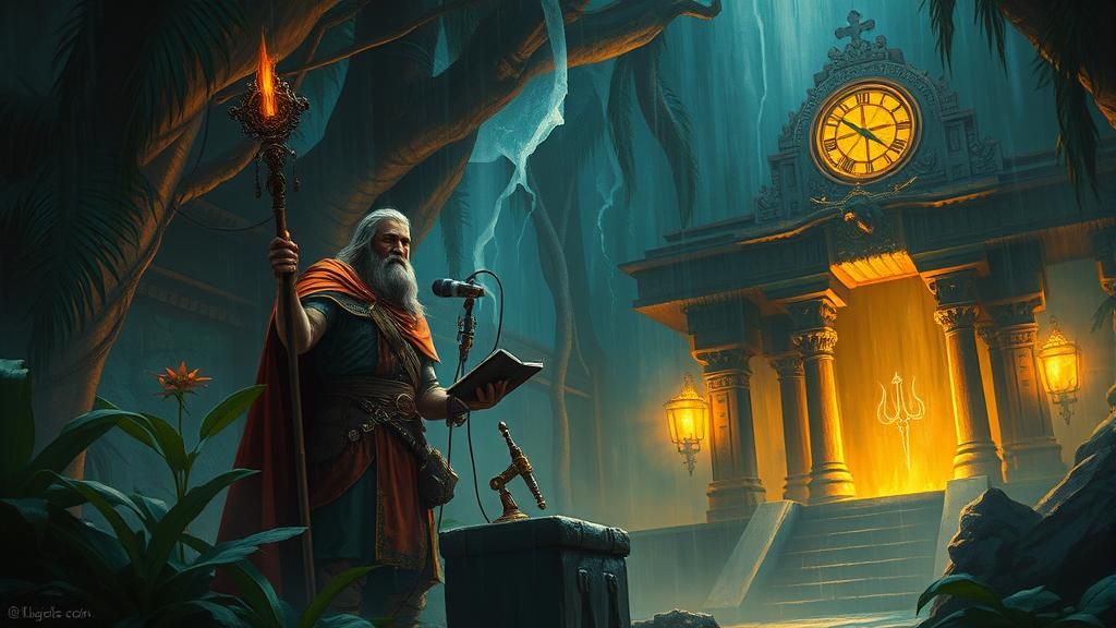 Warrior Saint in Jungle Temple, Surreal Oil Painting