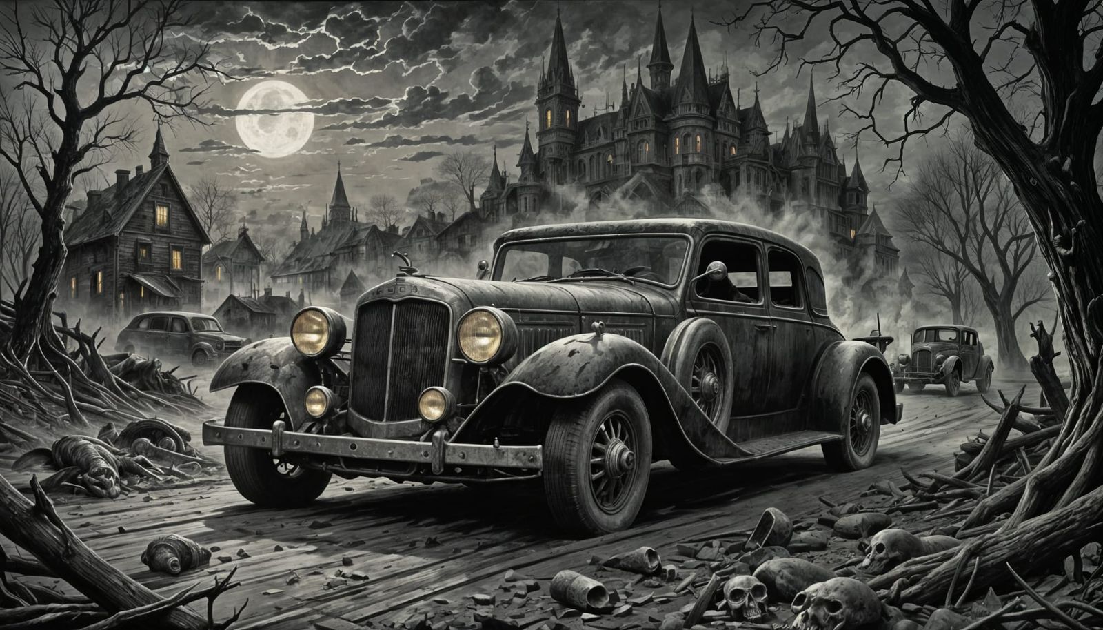 Cursed Car in Horror, Gustave Doré Style