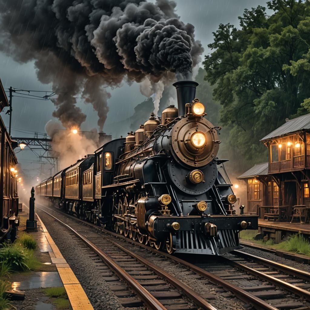 Steampunk Steam Engine on a Rainy Night