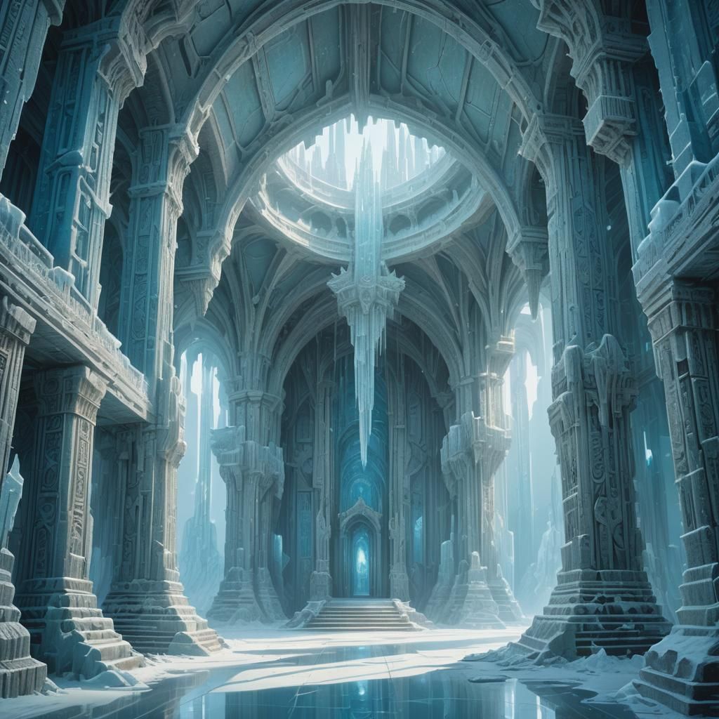 Icy Fantasy Temple Interior in Crystalline Concept Art