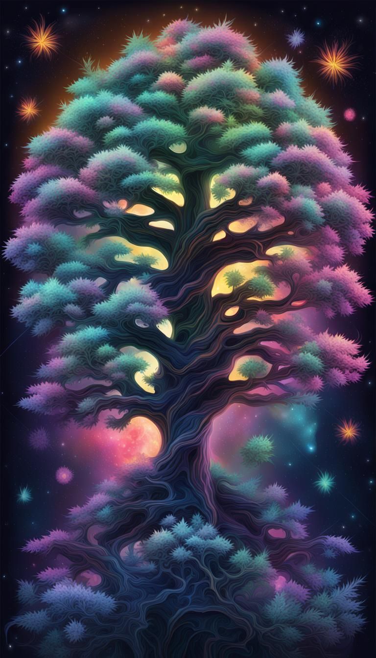 Magical Glowing Marijuana Tree in Psychedelic Style