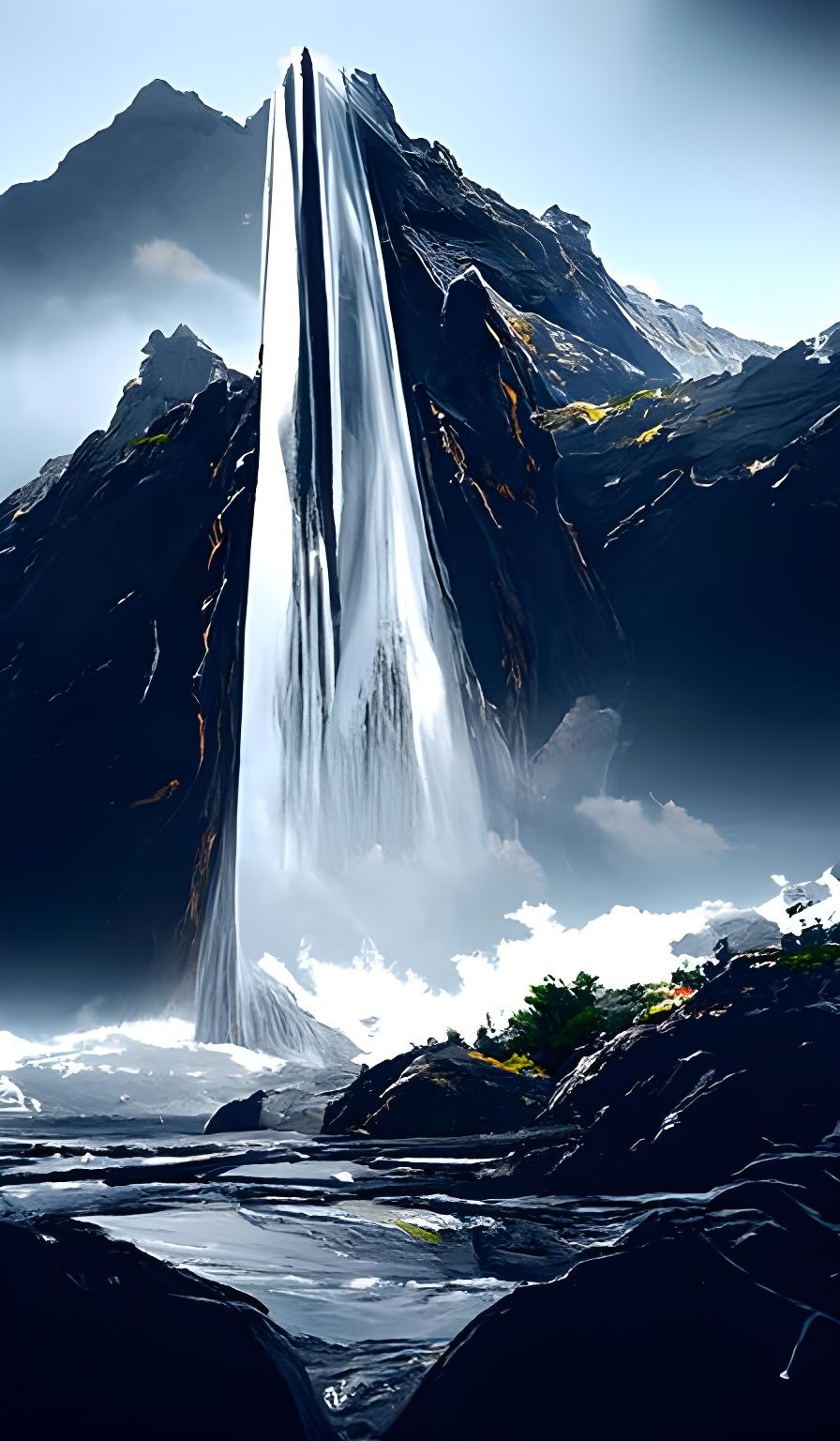 Majestic Waterfall and Mountain Landscape in Fantasy Art Sty...