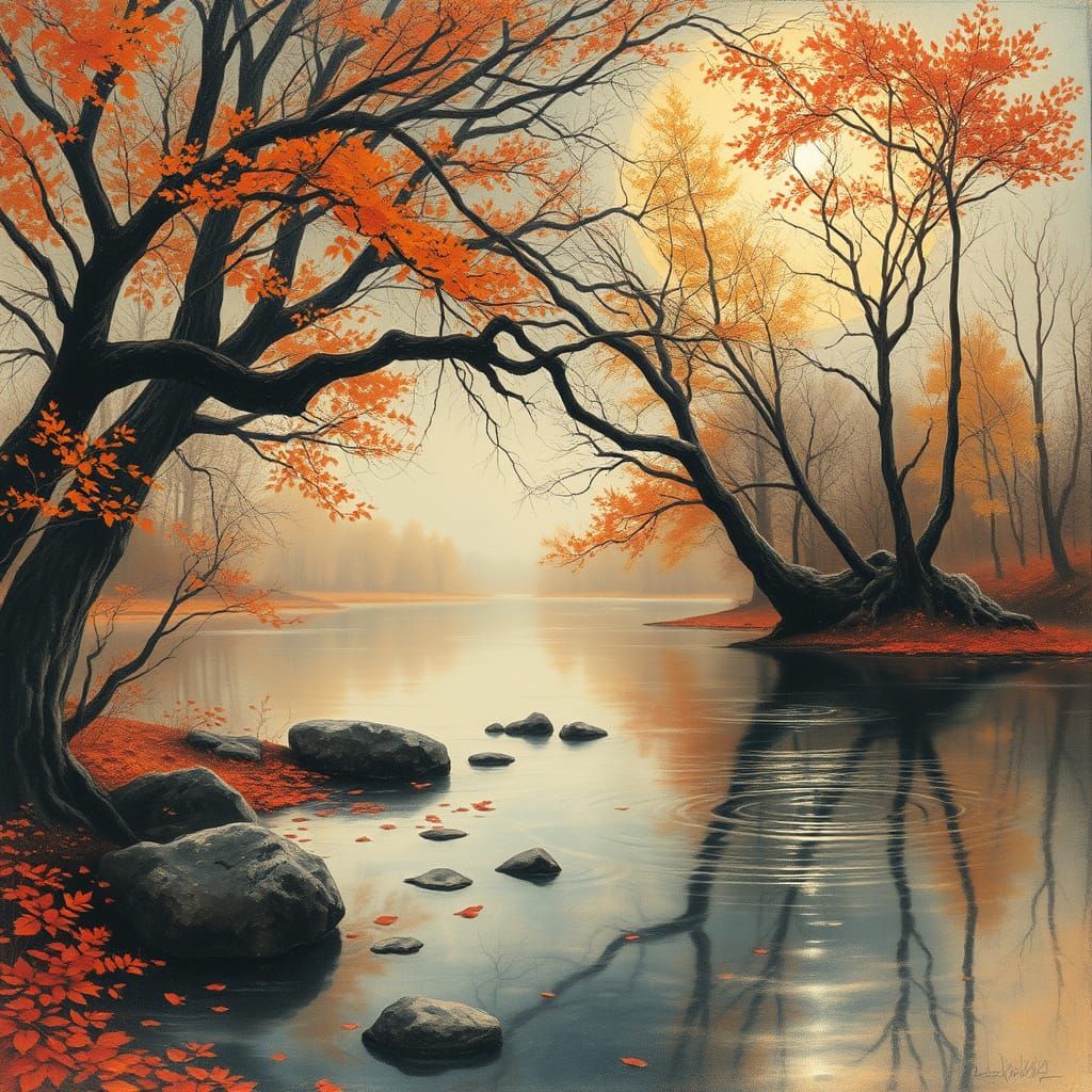 Autumn Equinox River in Suminagashi Style