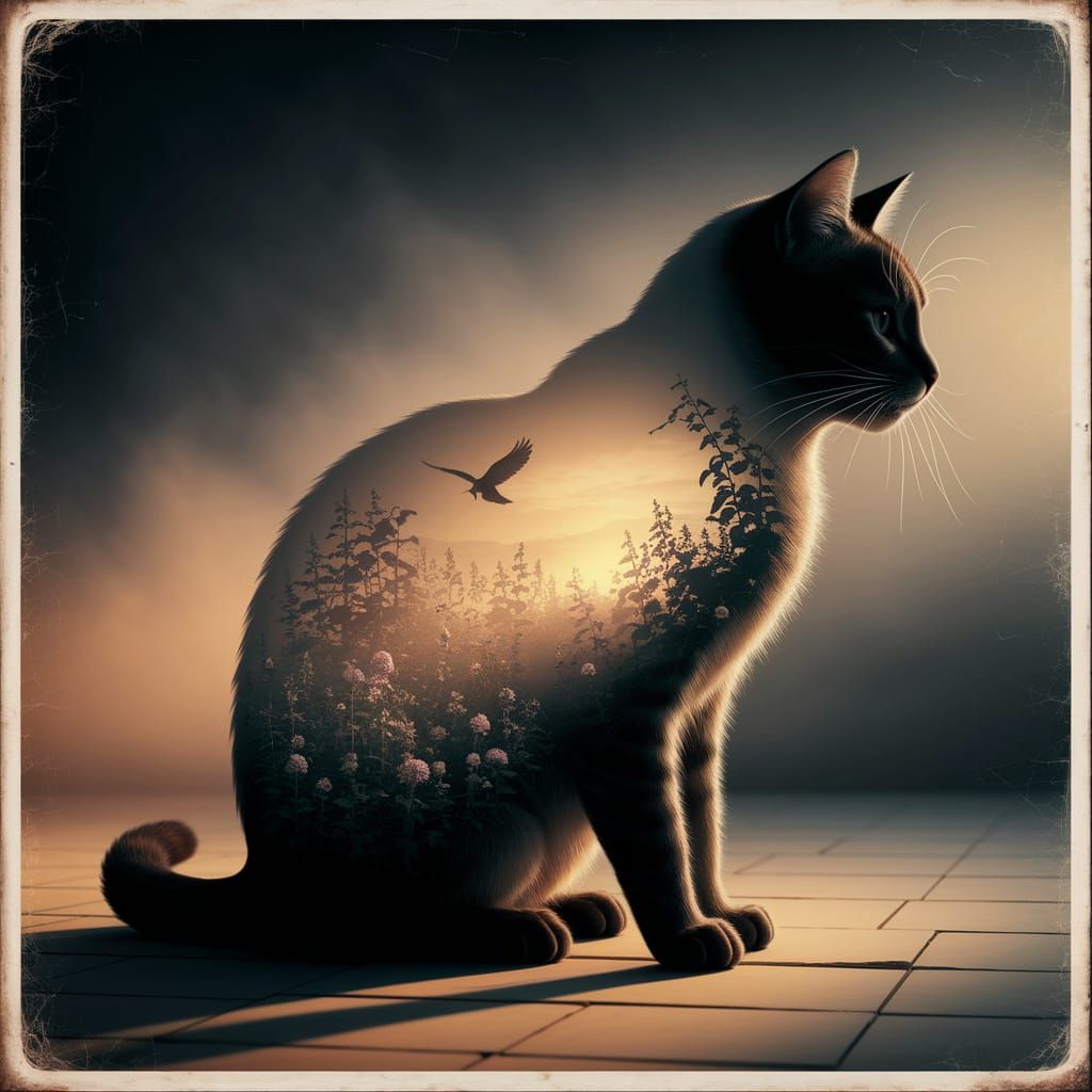 Cat Dreams in Film Noir Style Double Exposure