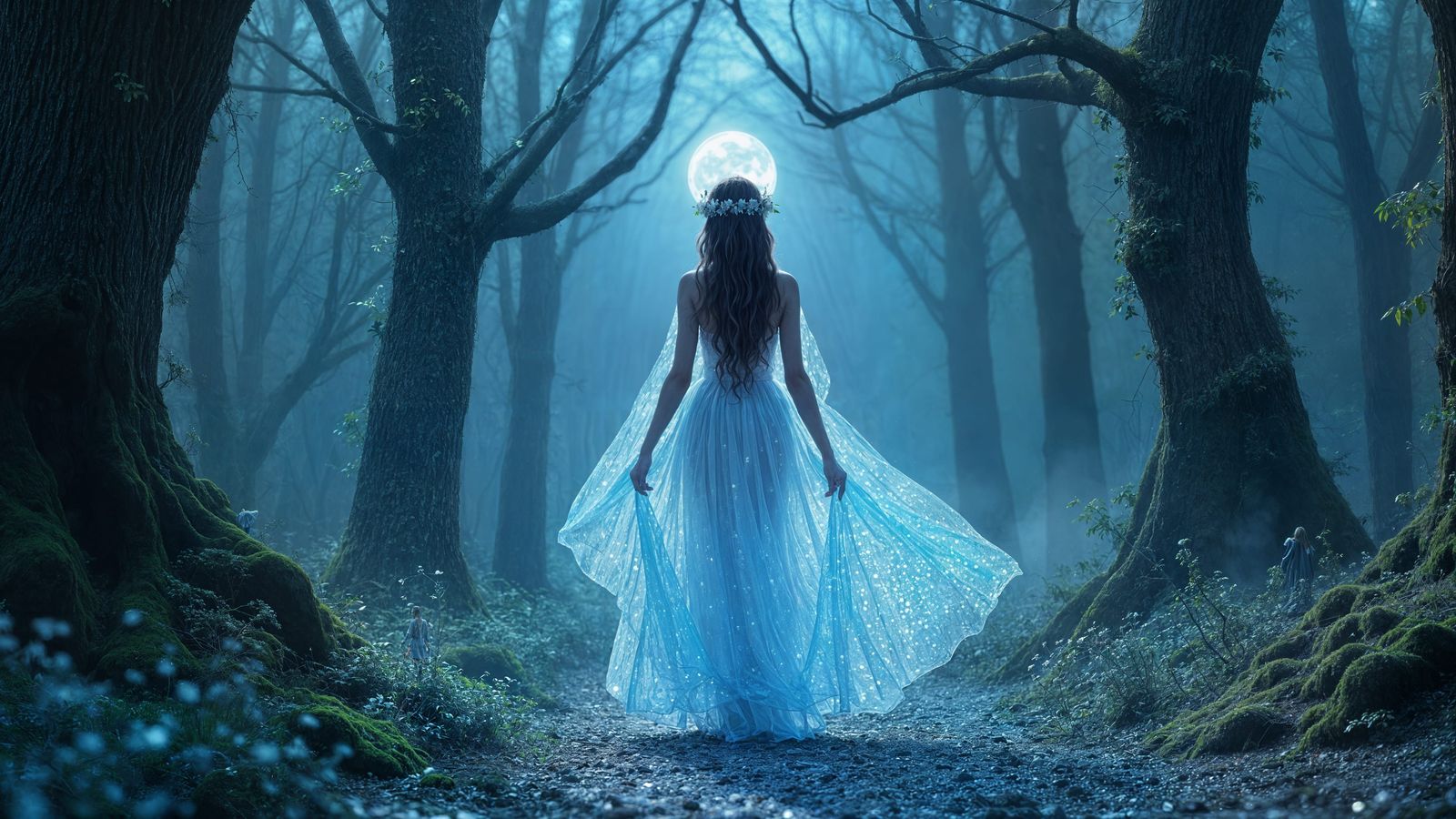 Blue Crystal Woman in Magical Forest