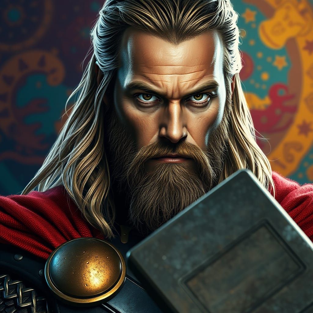 Hyperrealistic Thor Portrait with Norse Mythology Details