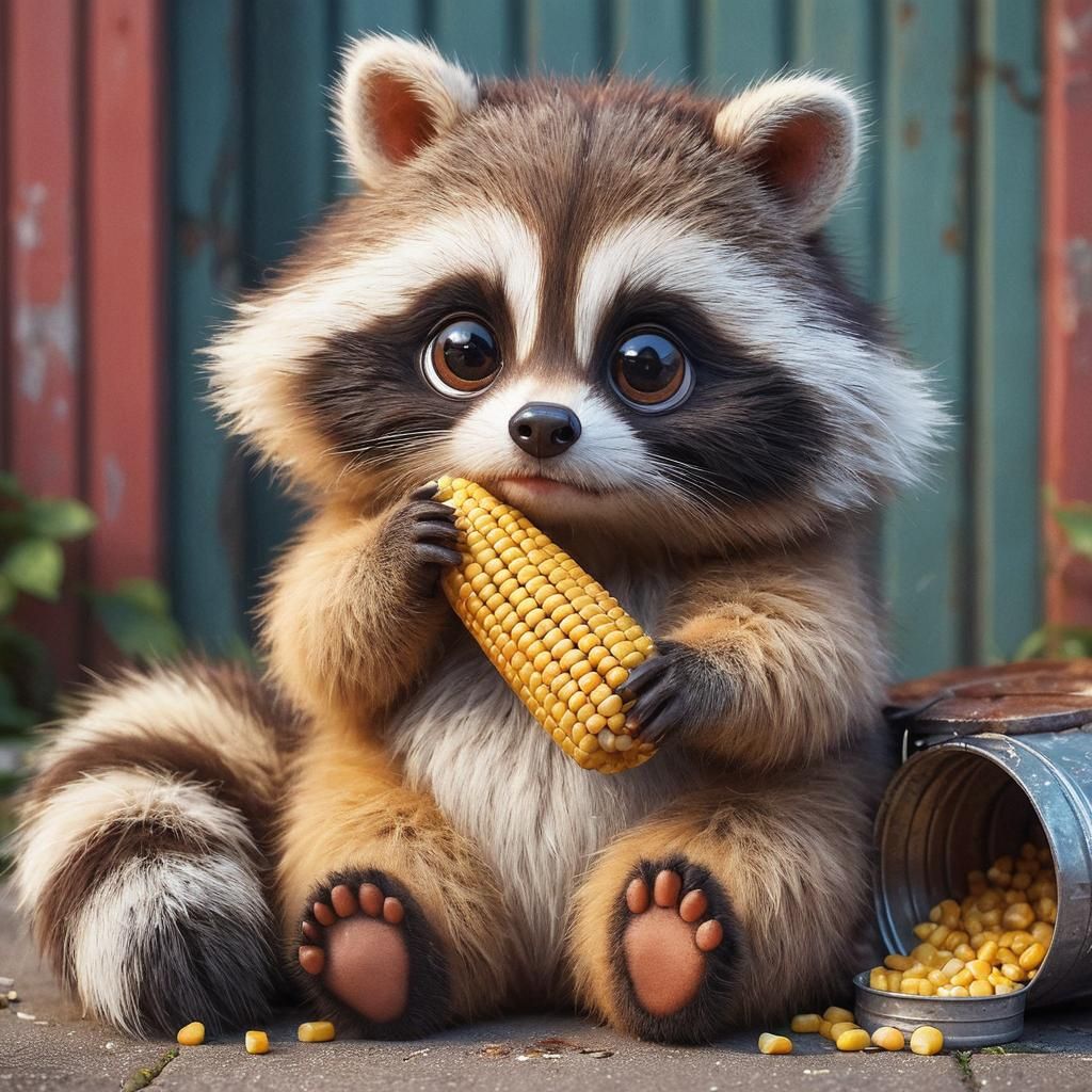 Whimsical Raccoon Cub Feast in 3D Rendered Style