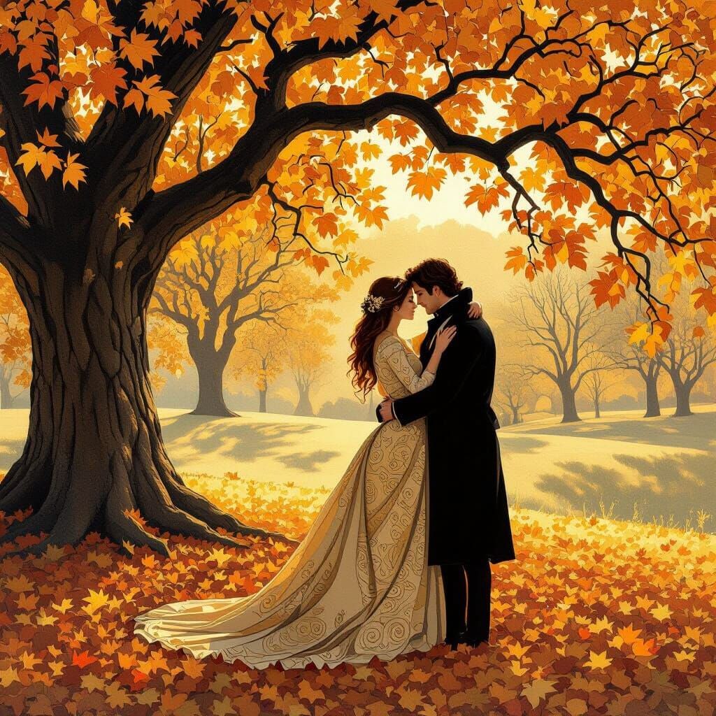 Autumnal Embrace in Klimt Style