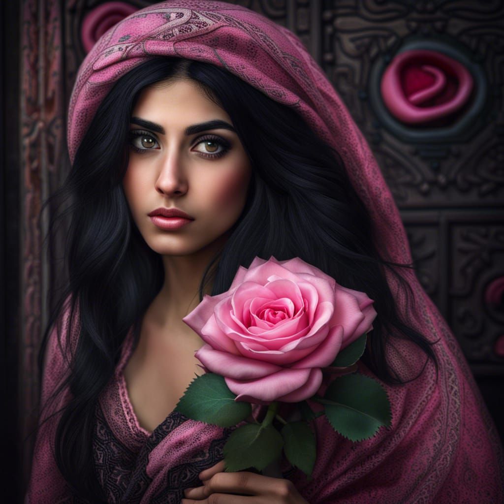 Beautiful Persian Girl with a Rose, Hyperrealistic Portrait
