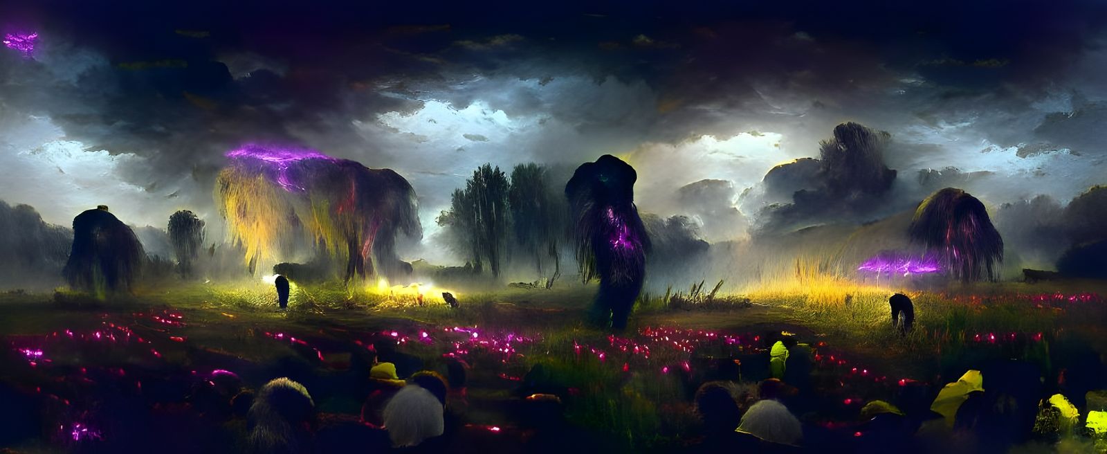 Monster in Floral Field Under Neon Storm, Dark Art
