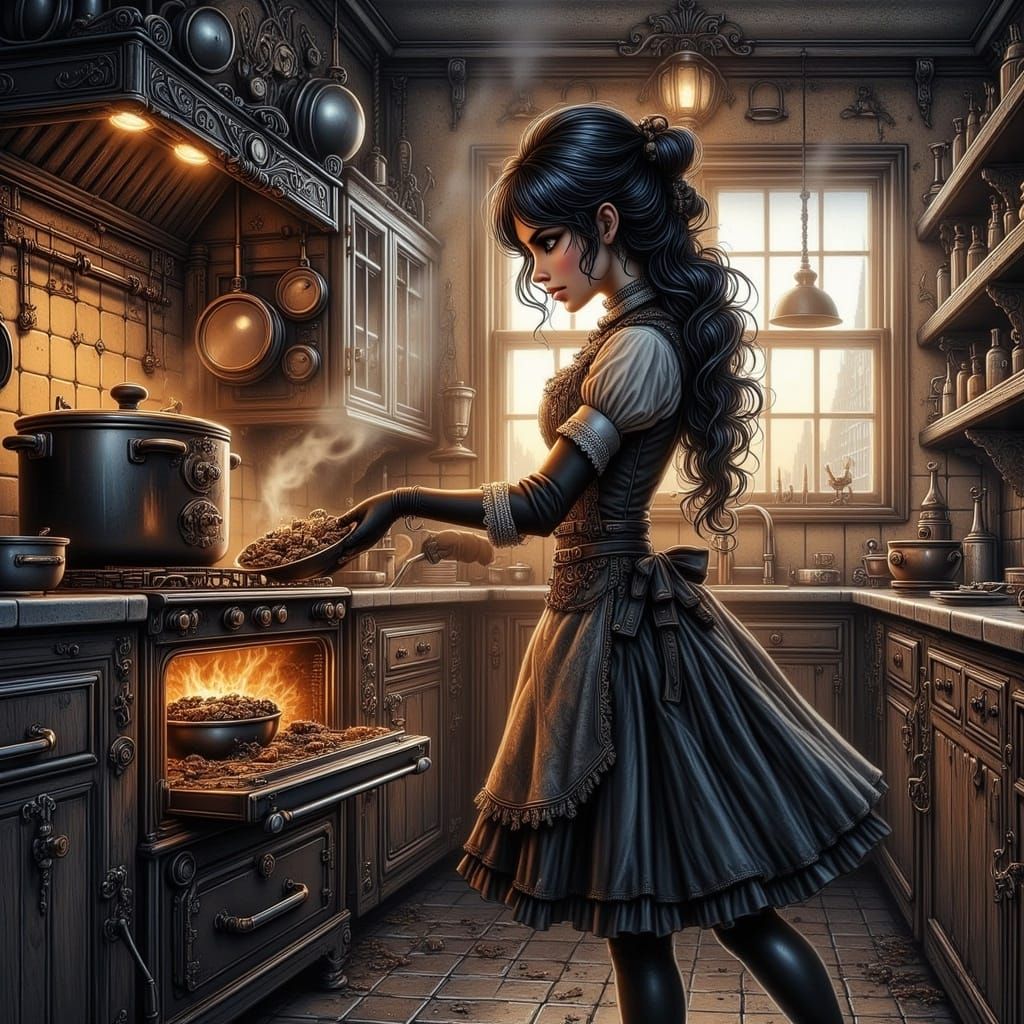 <lora:Steampunk:1.0> Dinner Gone Wrong, Smoke oven, Burned Food,