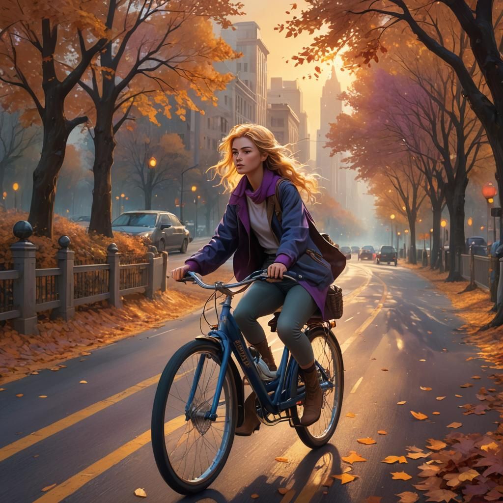 Girl Rides Bike to Metropolis: Fantasy Art