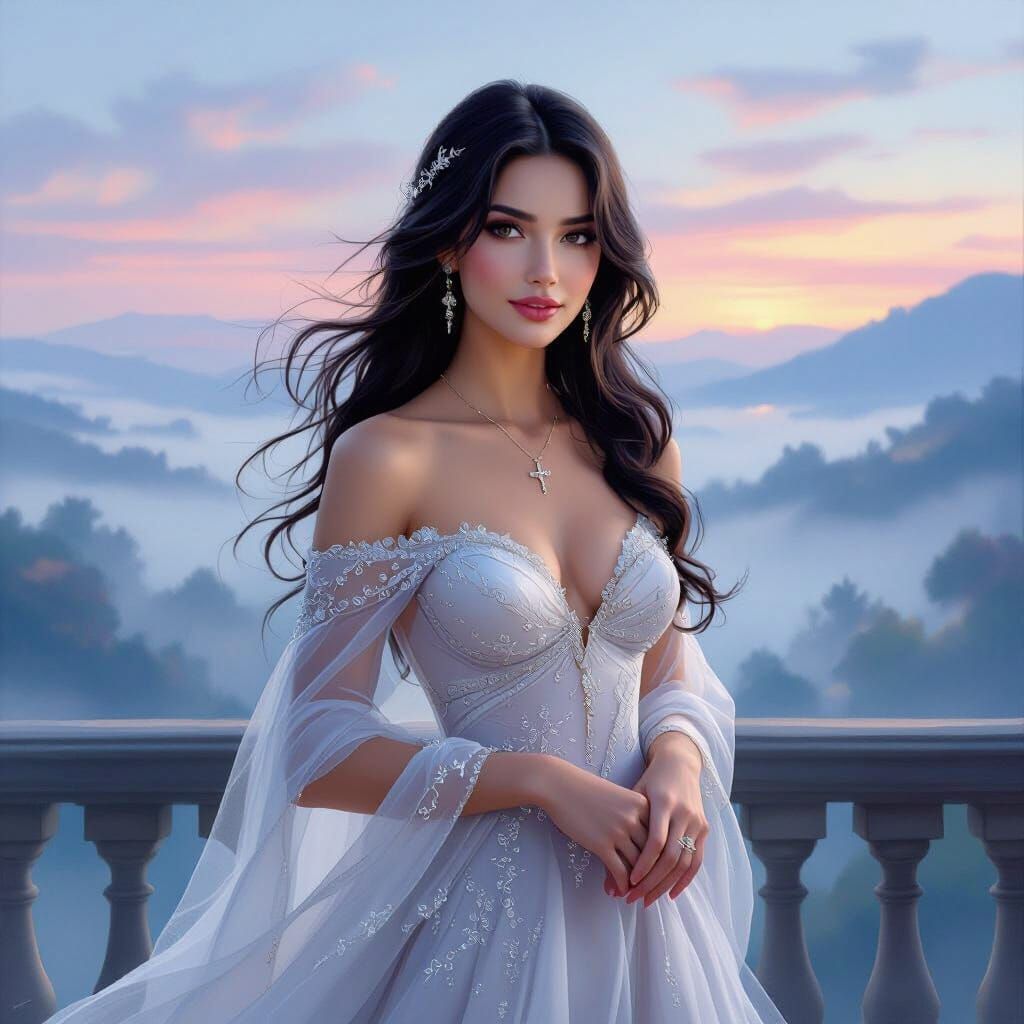Woman on Balcony at Dawn in Romantic Impressionist Style