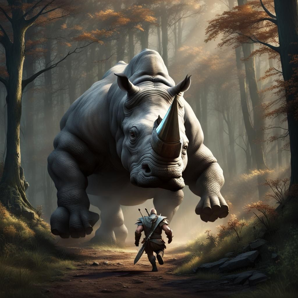 Rhino Charges Warrior with Sword in Woods