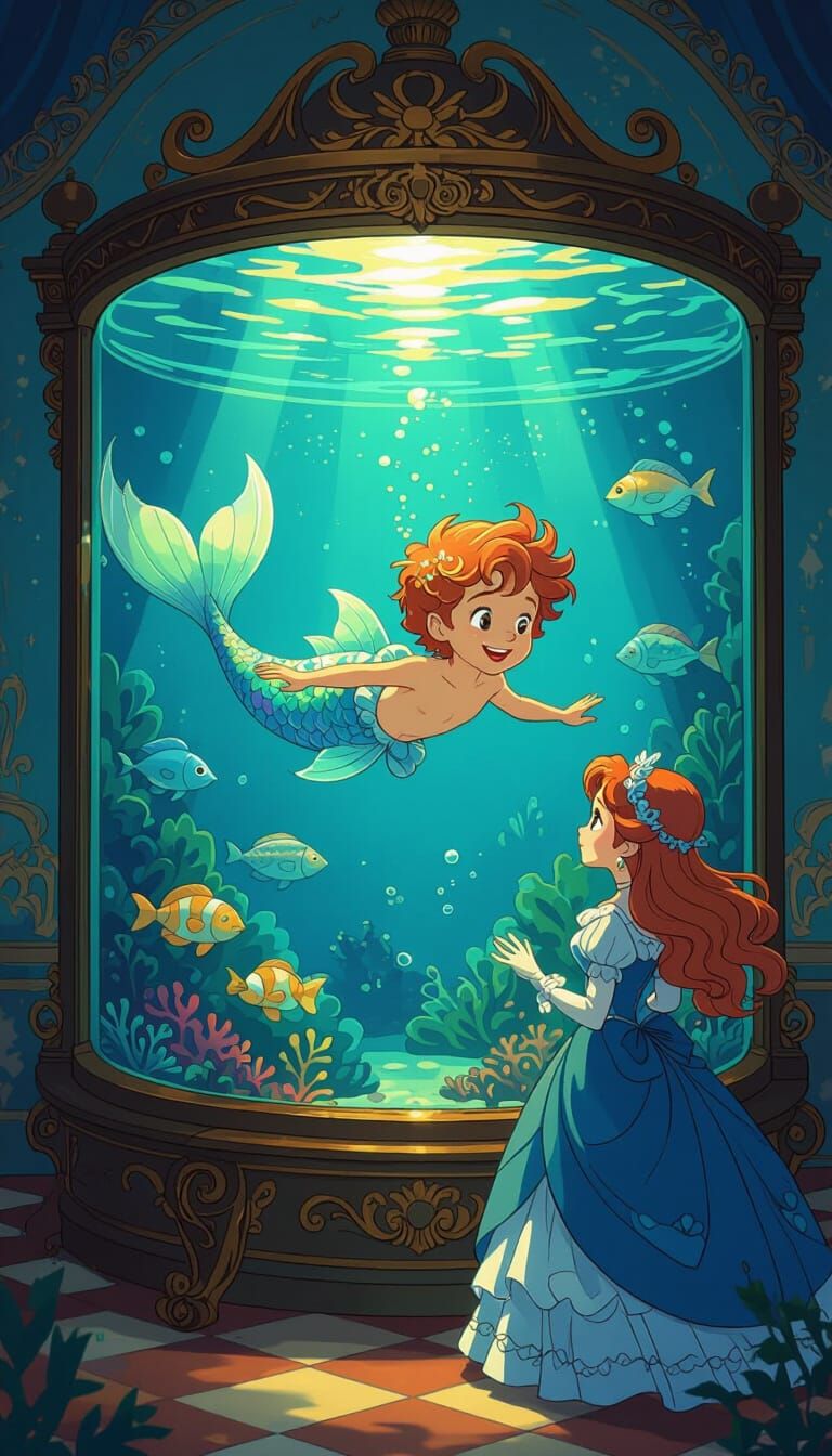 Mermaid Boy in Victorian Fish Tank, Whimsical Cartoon Style
