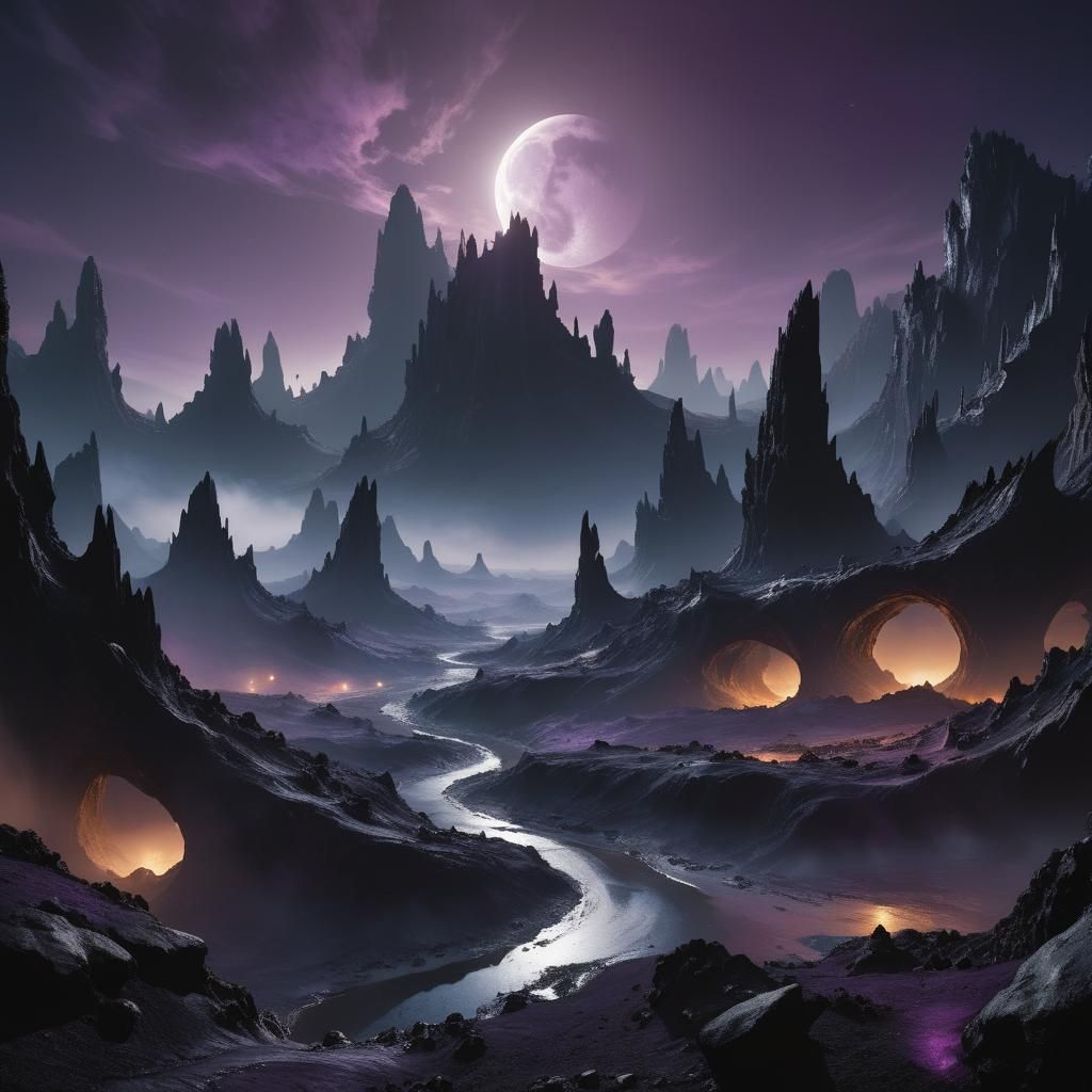 Black Moon Over Dark Fantasy Netherworld Landscape