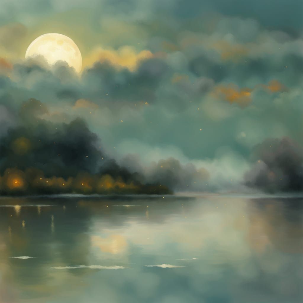 Golden Moon Over Serene Lake in Dreamy Watercolor Style