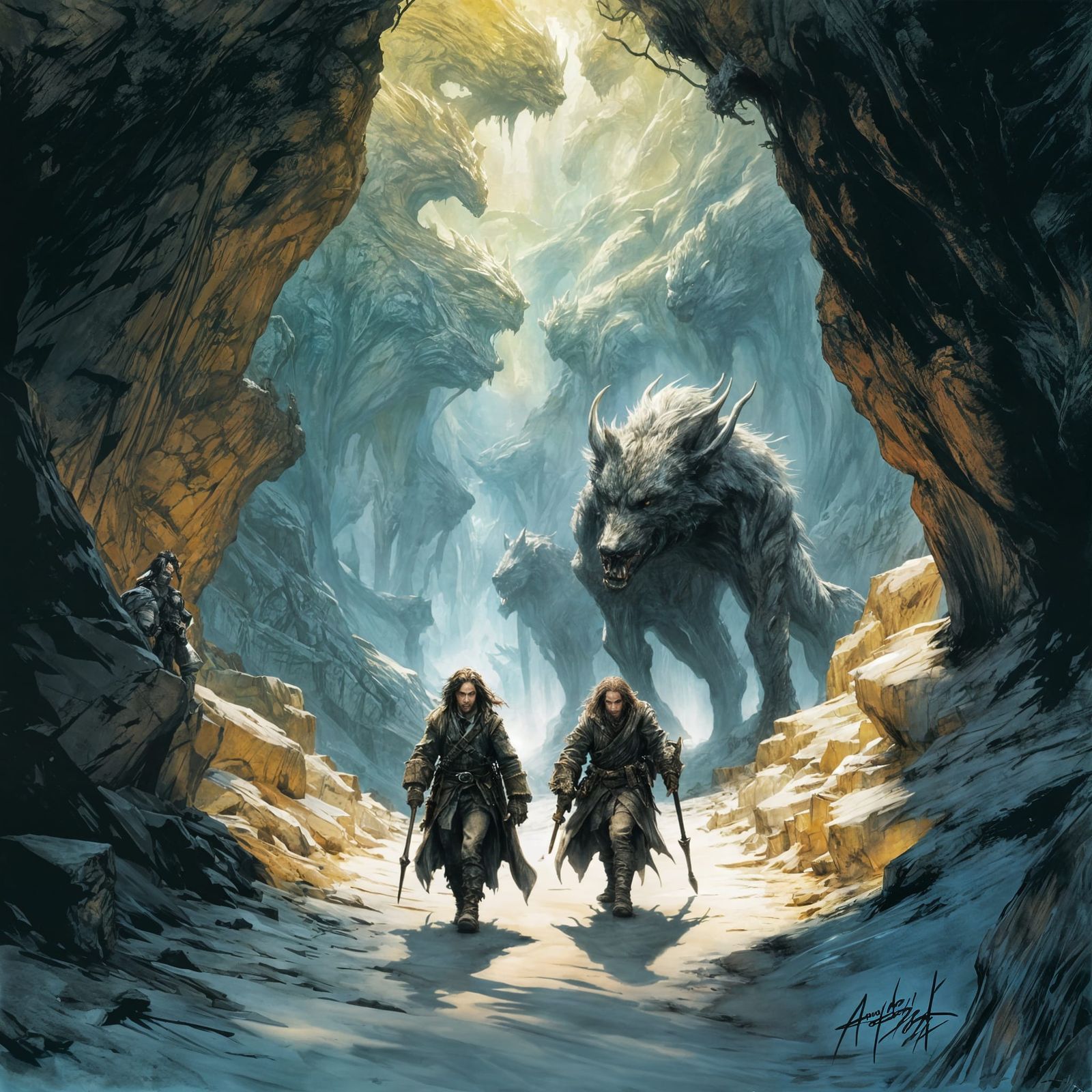 Hobbit Adventurers on Mountain Road with Hellhound
