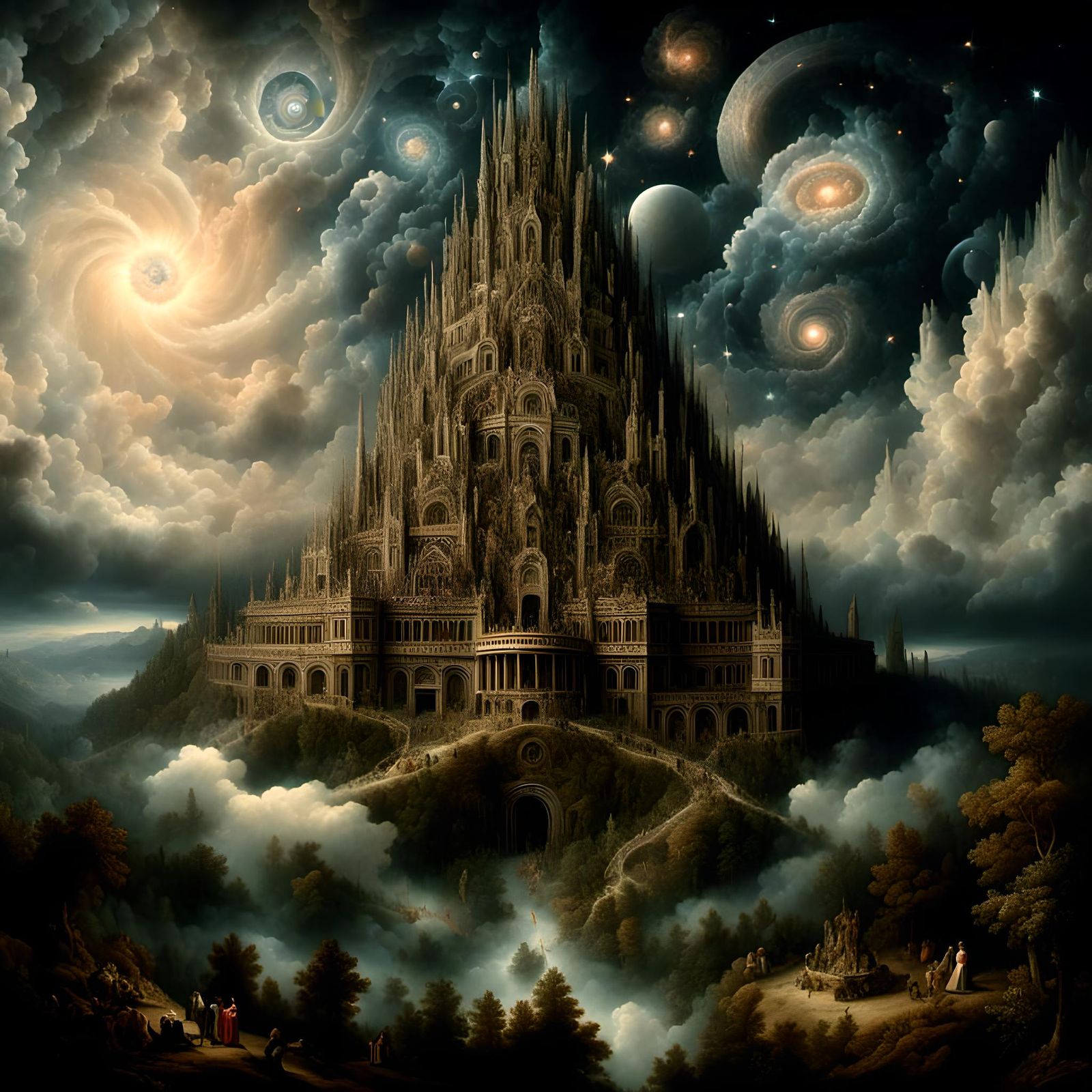 Cosmic Alien Castle with UFO in Surreal Style