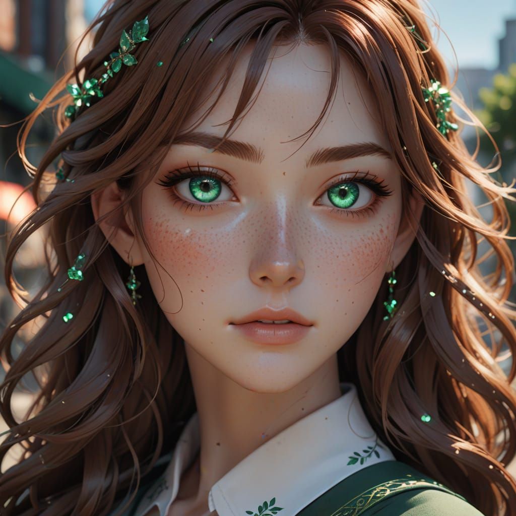 Anime Girl with Emerald Eyes in 3D Art