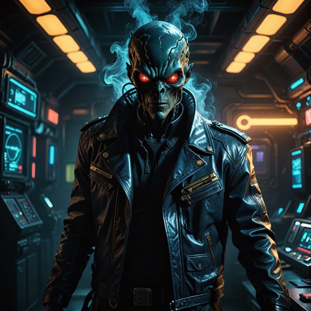 Confident Intergalactic Crime Lord in a Neon-Lit Space Stati...