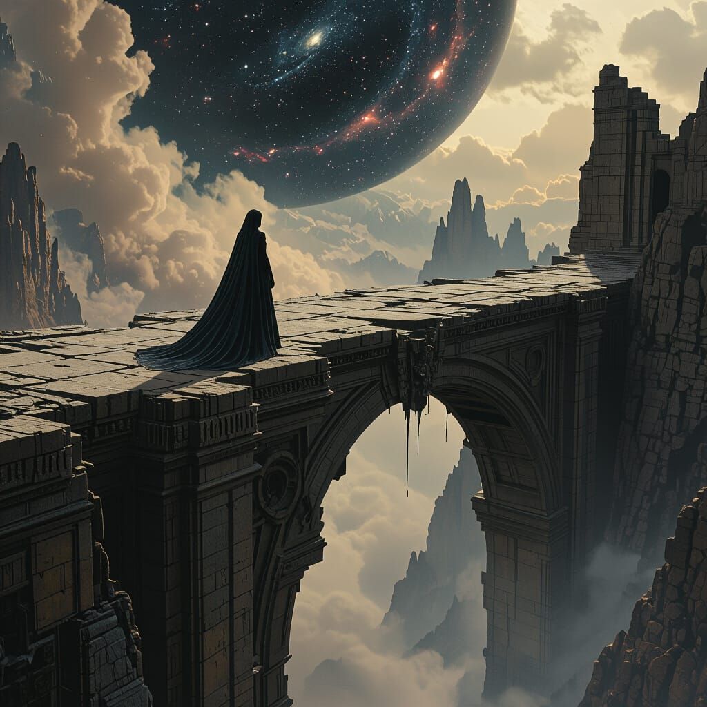 Noblewoman on Broken Bridge Amidst Cosmic Dust