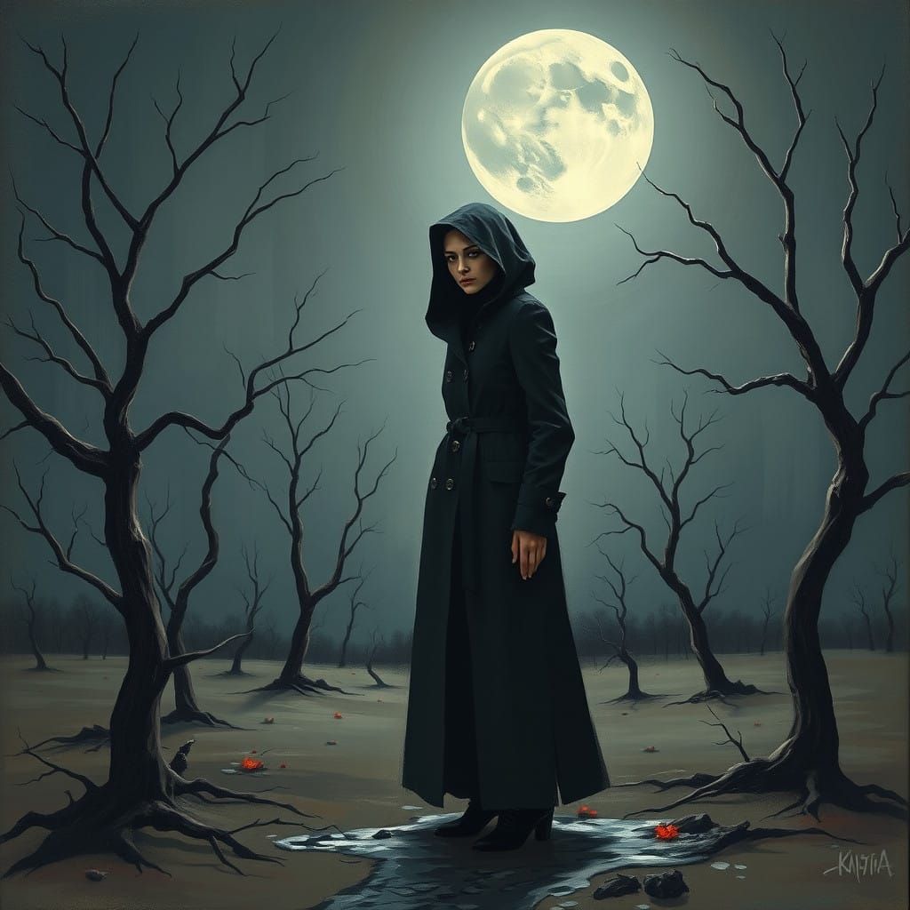 Mournful Woman in a Desolate Moonlit Landscape