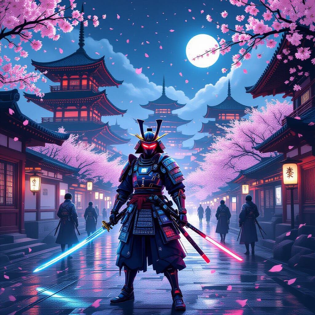 Cyberpunk Samurai Kingdom: Neon Temples and Digital Cherry B...