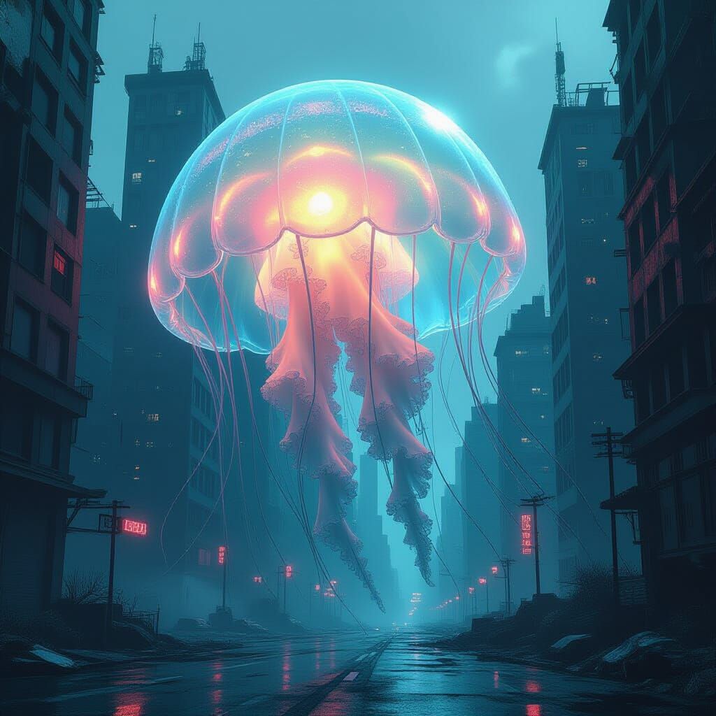 Bioluminescent Jellyfish Drifting Through Dystopian City