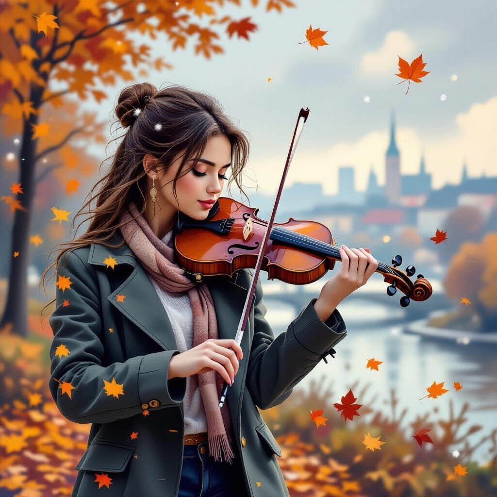 Girl Plays Violin in Autumn Landscape Oil Painting