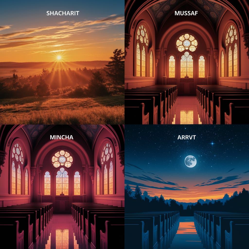 Vibrant Jewish Prayer Scenes in Four Distinct Quadrants