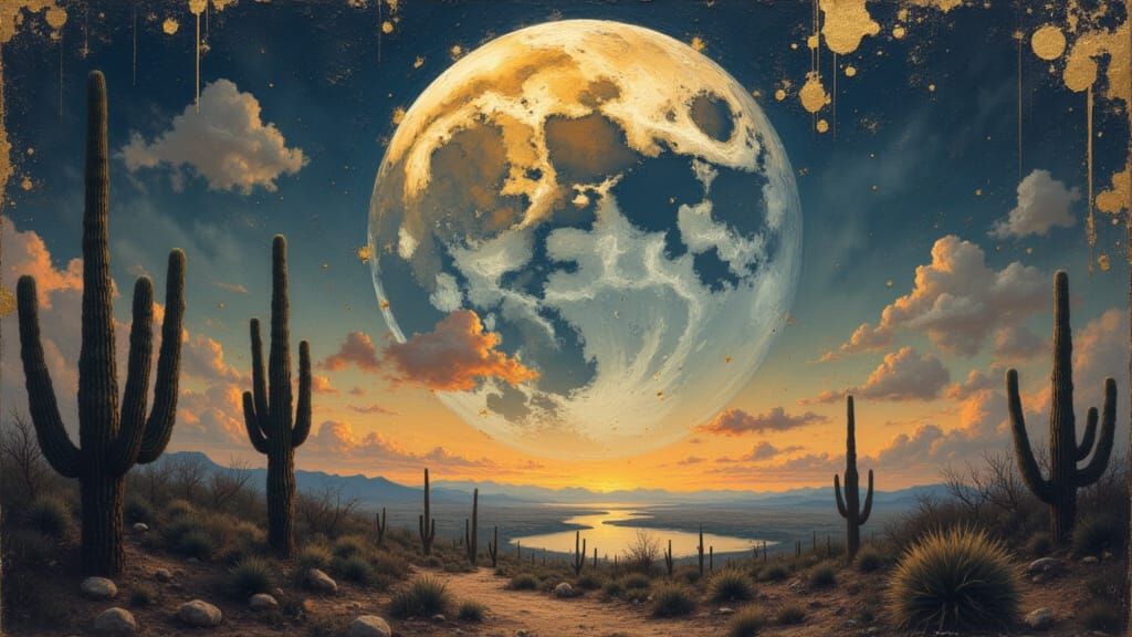 Surreal Desert Dreamscape with Glitched Moon