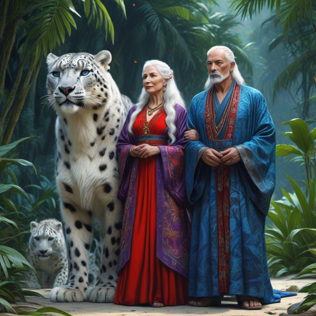 Elderly Couple in Royal Robes with Snow Leopards on Tropical...