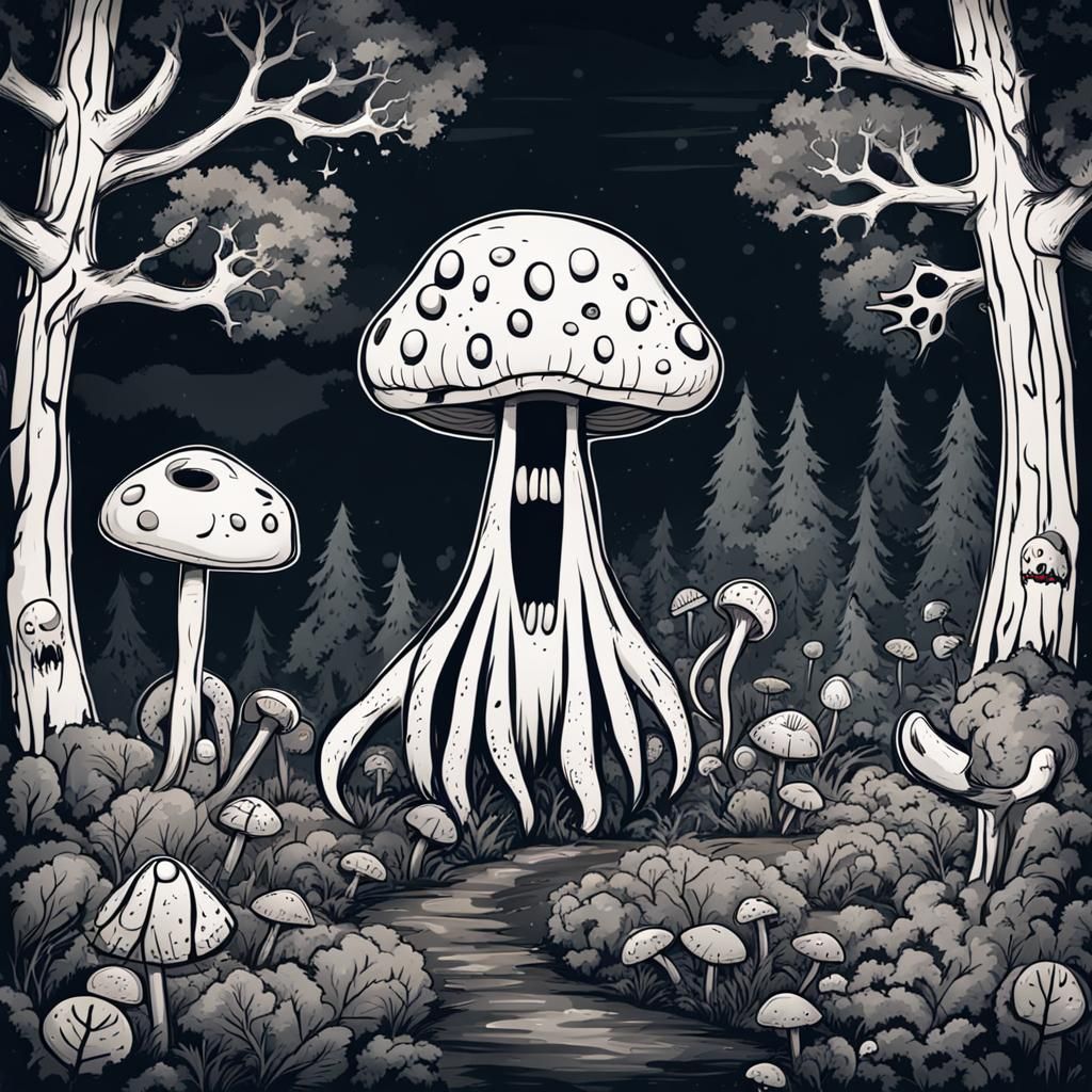 Diabolic Mushroom with Teeth in Dark Forest