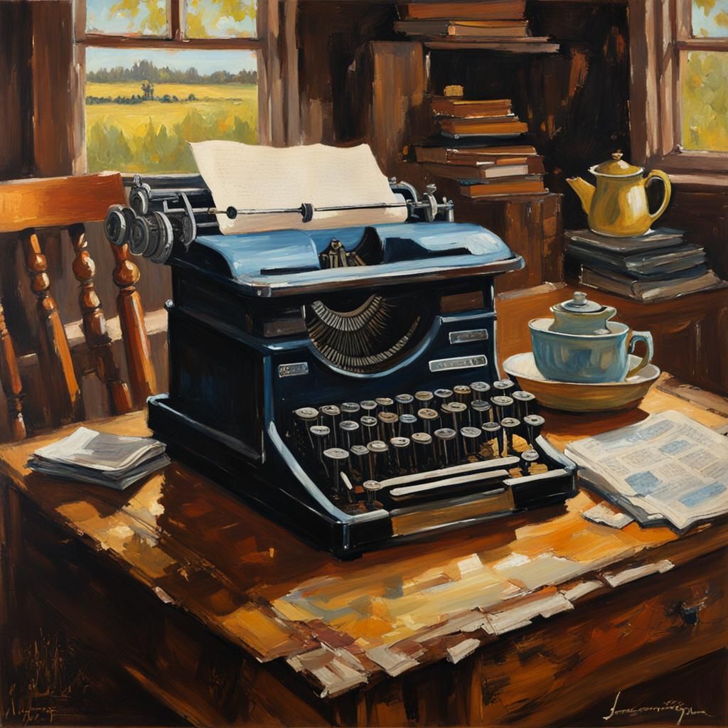 Vintage Typewriter in Farmhouse: Oil Painting
