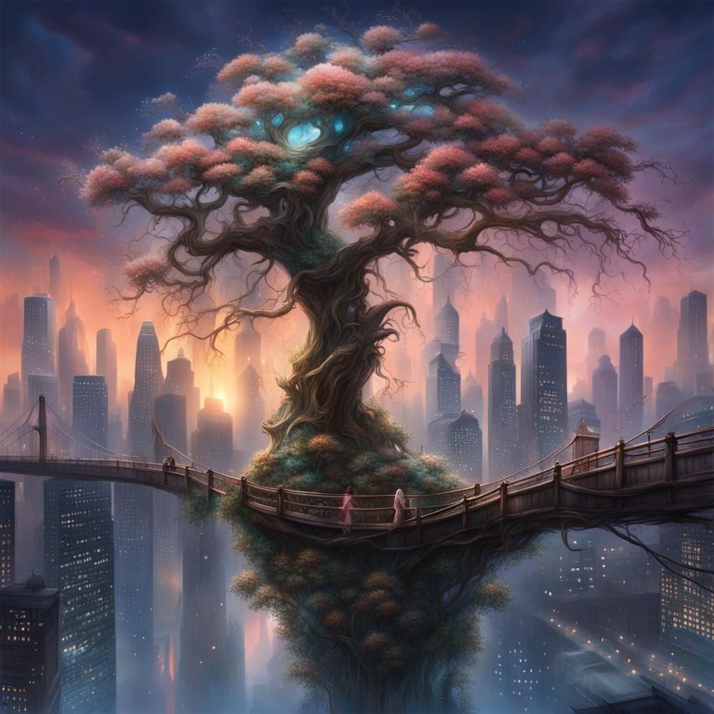 Ethereal Cityscape with Bioluminescent Tree: Hyper-Realistic...