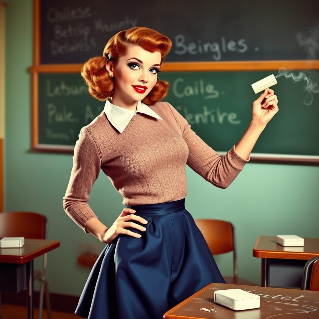 Vintage Pin-Up Girl Cleaning Erasers in 1950s Style