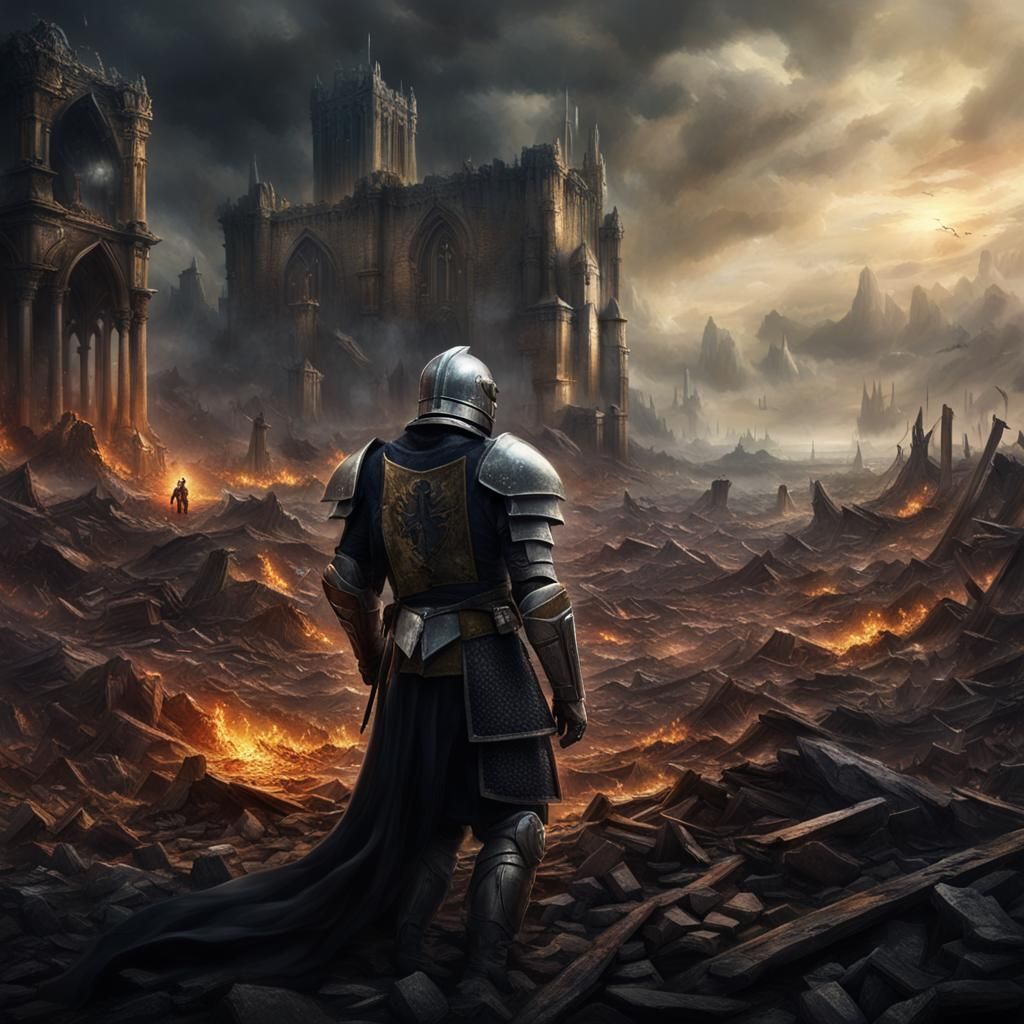 Knight's Prayer: Vibrant Scene of Battlefield Devastation