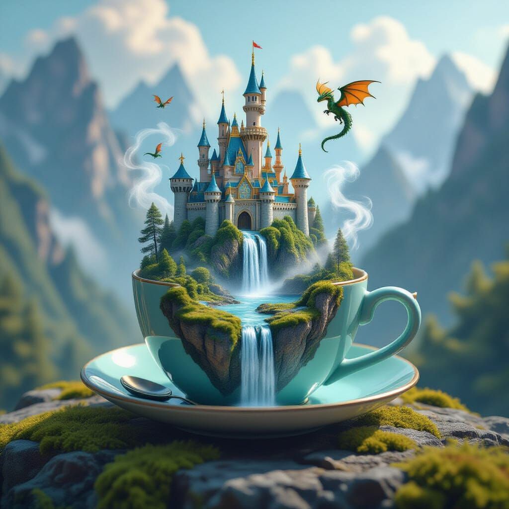 Miniature Fantasy World in Steaming Teacup, Matte Painting