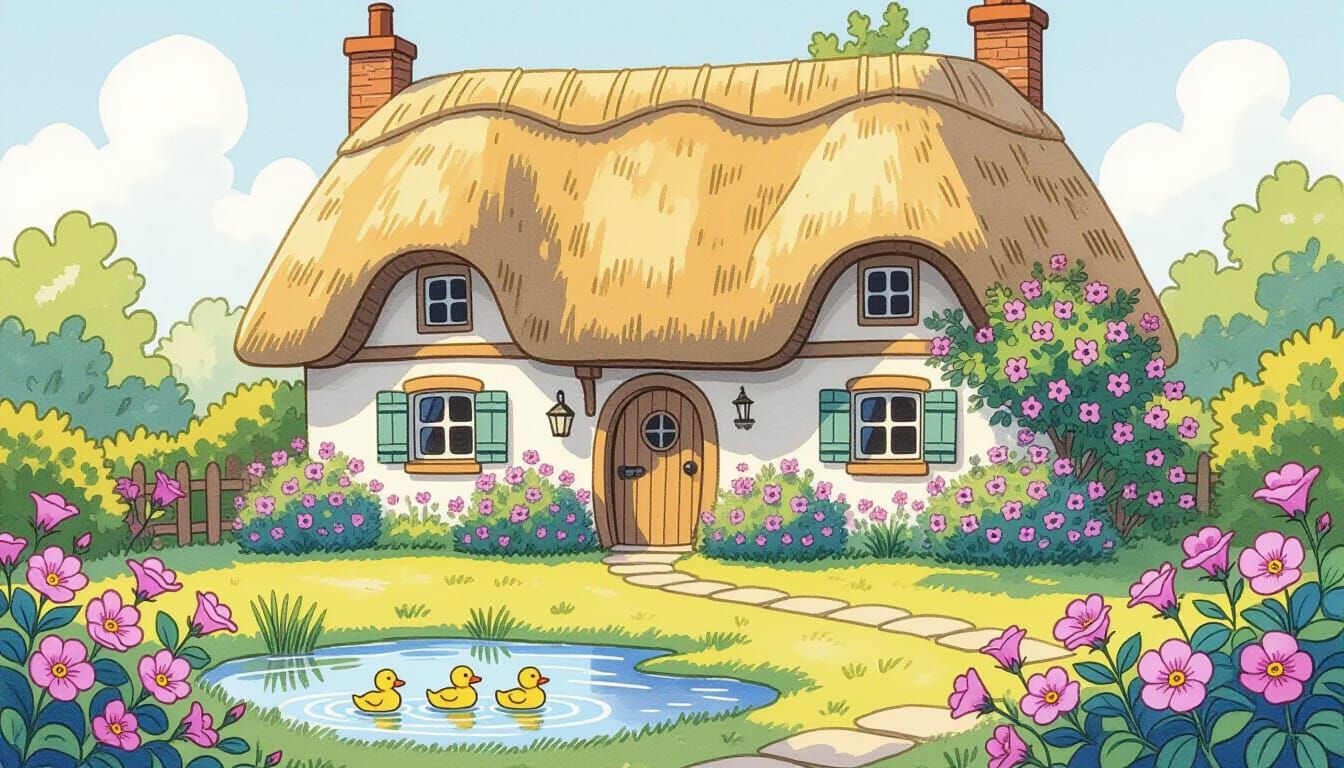 Rustic House with Ducklings in Watercolor Style