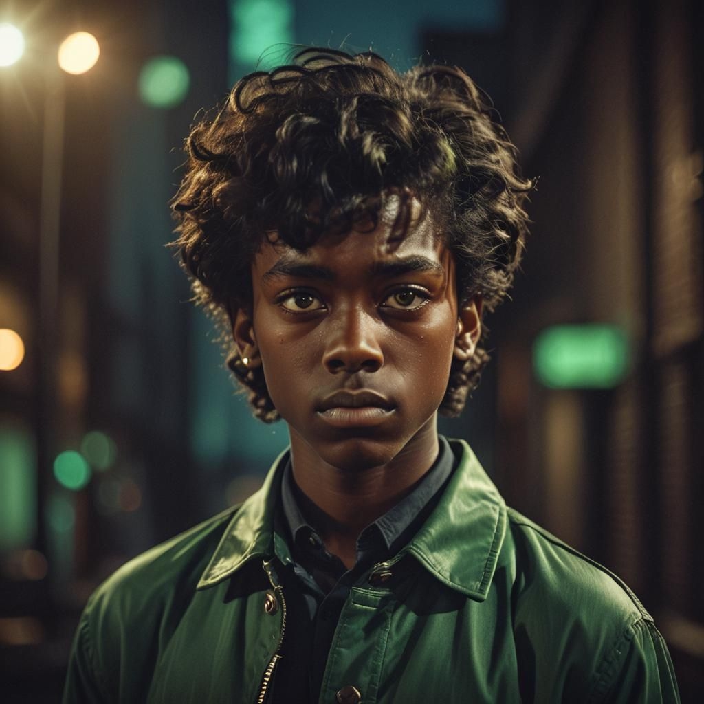 Melancholy Boy with Green Eyes in Noir Lighting