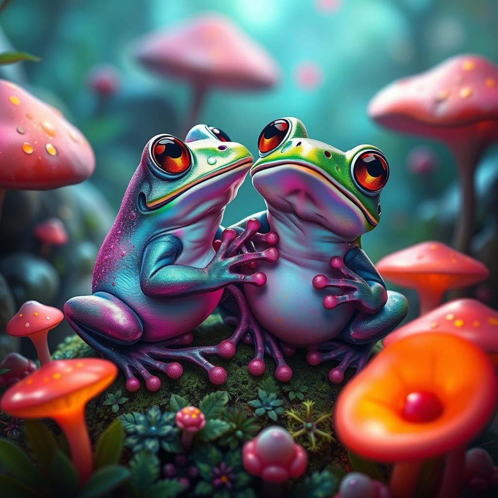 Whimsical Frogs in Vibrant, Dreamlike Landscapes