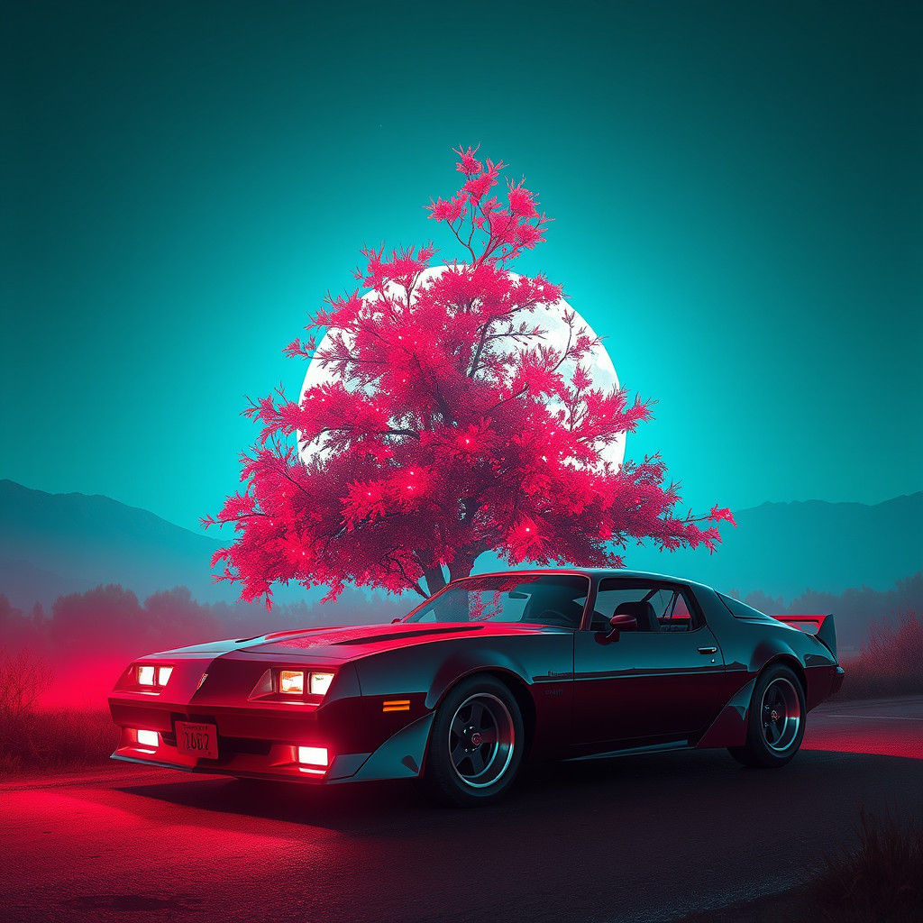 Cyberpunk Tree and Car in Neon Cityscape