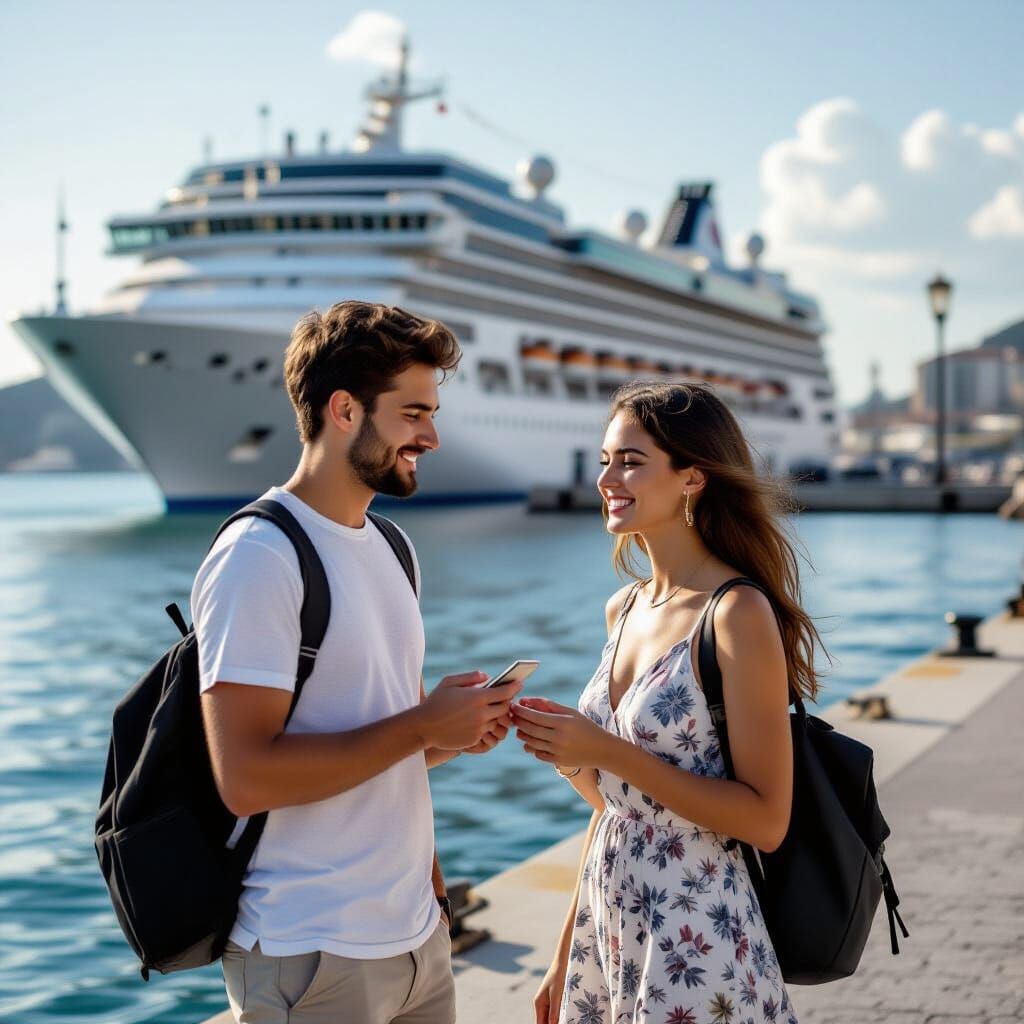 Young Couple Exchanging Numbers on Dock in Photorealistic St...