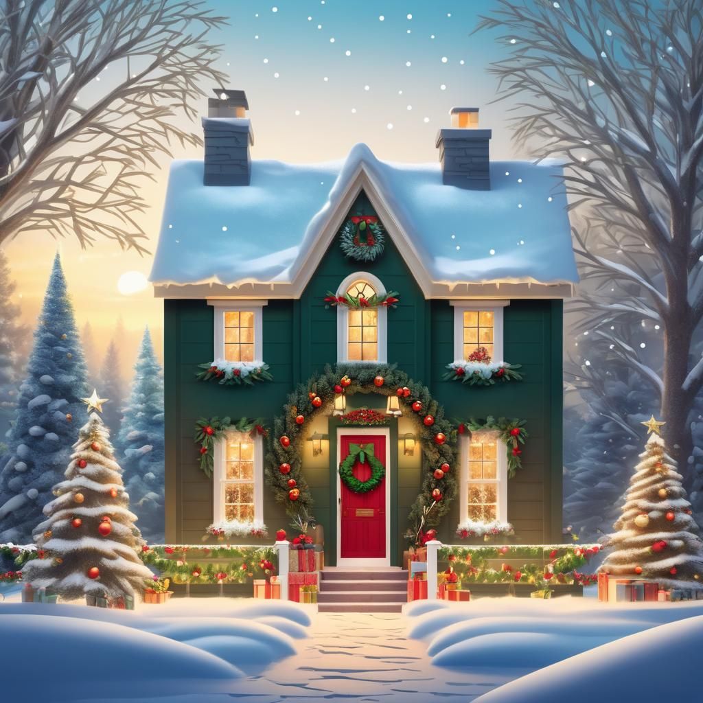 Charming Christmas House in Winter Snow Scene