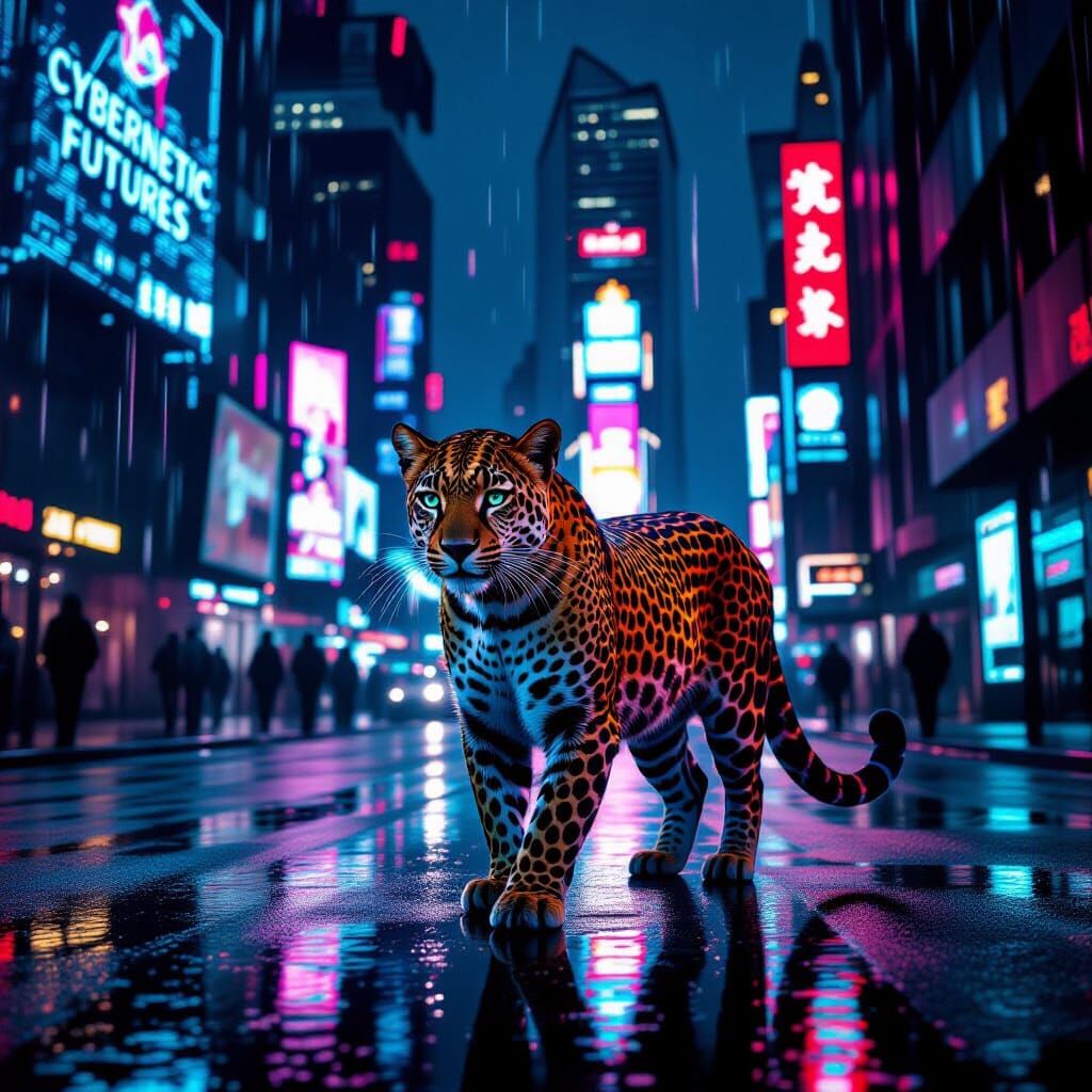 Fashionable Leopard in Cyberpunk Cityscape