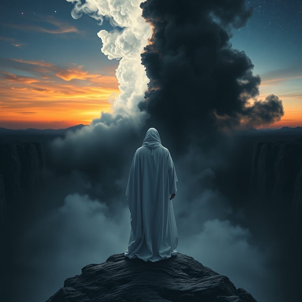 White Figure at Abyss Edge: Cinematic Composition