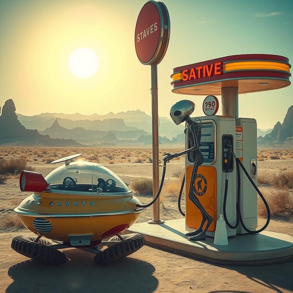 Steampunk Alien at 1950s Gas Station
